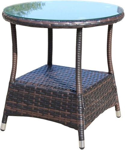 Outdoor Wicker Side Table with Glass Top, 21" Round Patio End Table, All-Weather PE Rattan Coffee Table for Garden, Balcony, Poolside, 120lbs Capacity, Easy Assembly