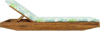 Acacia Wood Chaise Lounge with 2-Fold Thin Cushion - Teak Finish Outdoor Recliner with Dark Gray Water-Repellent Cushion, 79.6" L x 29" W, 300 lbs