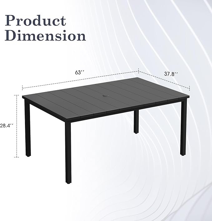 Outdoor Dining Table for 6, 63" Rectangle Outdoor Table with Adjustable Umbrella Hole, All-Weather Metal Patio Dining Table for Lawn Garden Backyard Deck, Black