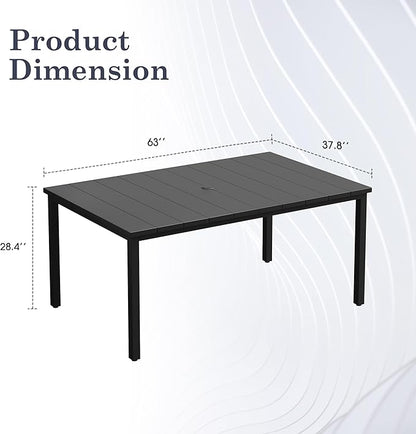 Outdoor Dining Table for 6, 63" Rectangle Outdoor Table with Adjustable Umbrella Hole, All-Weather Metal Patio Dining Table for Lawn Garden Backyard Deck, Black