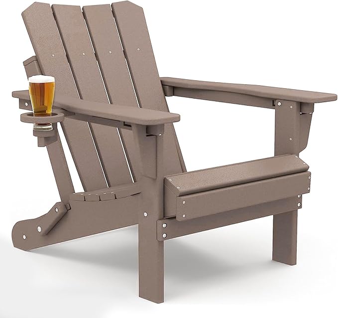 Adirondack Chair Oversized Folding Adirondack Chairs Recyclable HDPE Modern Adirondack Chair with Cup Holder Poly Lumber Patio Chairs for Pool Patio Garden Outdoors Fire Pit Teak