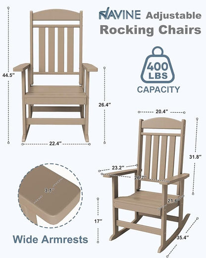 3-Piece Outdoor Rocking Chair Set, Oversized Porch Rocking Chair Set of 2 with Side Table, HDPE High Back Patio Rocking Chair, Suitable for Patio, Porch, Backyard, Brown