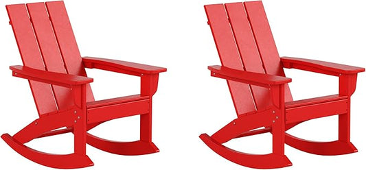 WestinTrends Ashore Patio Rocking Chairs Set of 2, All Weather Poly Lumber Plank Adirondack Rocker Chair, Modern Farmhouse Outdoor Rocking Chairs for Porch Garden Backyard and Indoor, Red