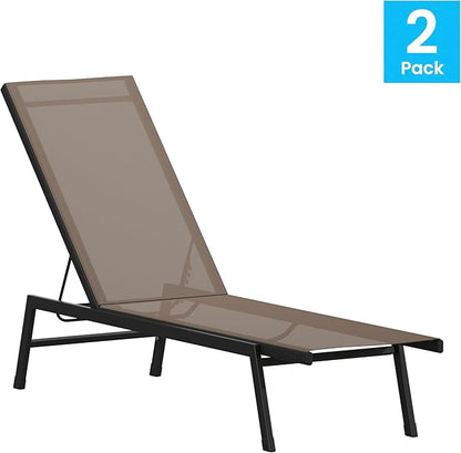 Flash Furniture Brazos Set of 2 Adjustable Chaise Lounge Chairs, Outdoor Five-Position Recliners, All Weather, Black/Brown