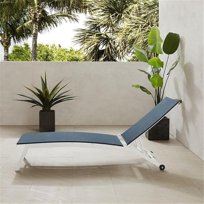 Pemberly Row Contemporary Outdoor Chaise Lounge, Navy Textilene Sling Fabric, White Powder-Coated Steel Frame, Adjustable Reclining Backrest, Weather-Resistant Patio Furniture with Wheels for Mobility