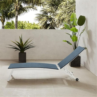 Pemberly Row Contemporary Outdoor Chaise Lounge, Navy Textilene Sling Fabric, White Powder-Coated Steel Frame, Adjustable Reclining Backrest, Weather-Resistant Patio Furniture with Wheels for Mobility