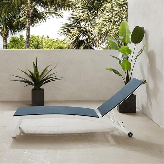 Pemberly Row Contemporary Outdoor Chaise Lounge, Navy Textilene Sling Fabric, White Powder-Coated Steel Frame, Adjustable Reclining Backrest, Weather-Resistant Patio Furniture with Wheels for Mobility