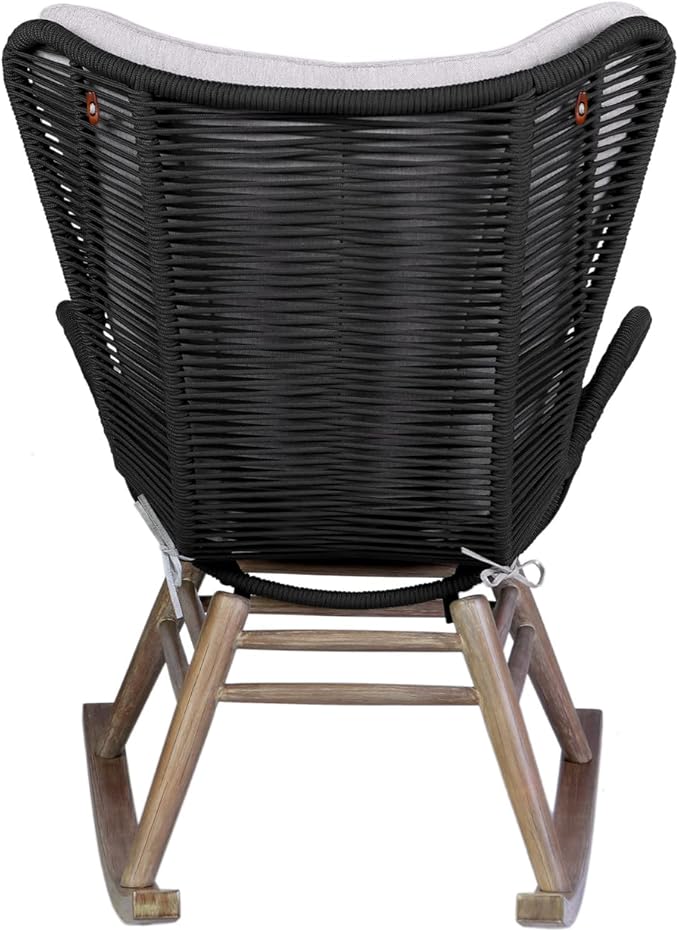 Armen Living Fanny Outdoor Patio Rocking Chair in Light Eucalyptus Wood and Charcoal Rope