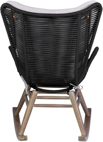 Armen Living Fanny Outdoor Patio Rocking Chair in Light Eucalyptus Wood and Charcoal Rope