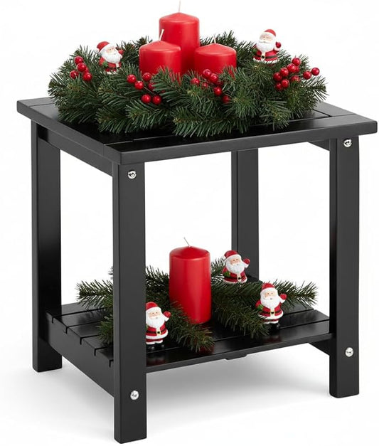 2-Tier Adirondack Outdoor Side Table, 16.6" Acacia Weather-Resistant End Table with Shelf for Patio, Garden, Lawn, Living Room (Black)