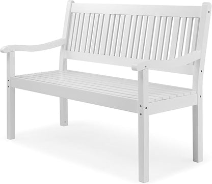 VINGLI 50" Outdoor Wood Bench, Weatehr Resistant Wooden Garden Patio Bench with Comfortable Backrest & Curved Armrest, 800lb Capacity Loveseat for Front Porch Park Yard Deck (White, Dense Slatted)