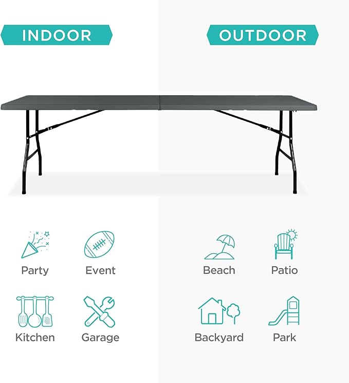 Best Choice Products 8ft Plastic Folding Table, Indoor Outdoor Heavy Duty Portable w/Handle, Lock for Picnic, Party - Photo 4