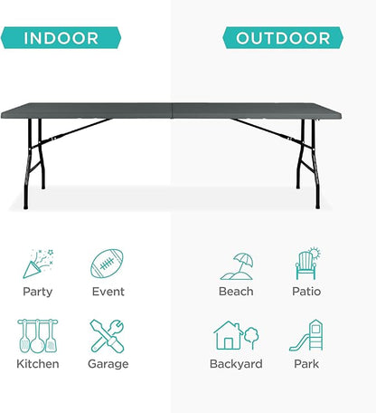 Best Choice Products 8ft Plastic Folding Table, Indoor Outdoor Heavy Duty Portable w/Handle, Lock for Picnic, Party, Pong, Camping - Dark Gray