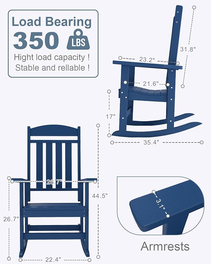 Outdoor Rocking Chairs, Oversized High Back Patio Rocking Chairs, All Weather Porch Rocking Chairs for Outside. Navy Blue