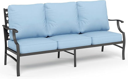 Metal Patio Furniture Sofa with 5.75" Extra Thick Waterproof Cushion, 3-Seater Deep Seating & High-Back Outdoor Couch All Weather Outdoor Seating for Backyard Deck Front Porch, Blue