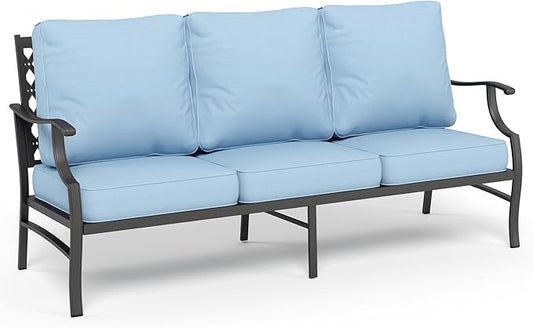 Metal Patio Furniture Sofa with 5.75" Extra Thick Waterproof Cushion, 3-Seater Deep Seating & High-Back Outdoor Couch All Weather Outdoor Seating for Backyard Deck Front Porch, Blue