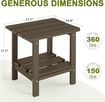 Set of 2 Adirondack Outdoor Side Table, 2-Tier Small Patio End Table, Weather Resistant HDPE Outdoor End Tables for Garden, Lawn, Pool, Beach, Porch, Deck, Backyard - Square, Dark Brown