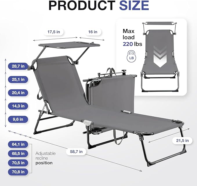 Folding Outdoor Lounge Chair Set of 2 with Adjustable Shade Canopy, Portable Sun Tanning Chairs, Gray (2, Grey)