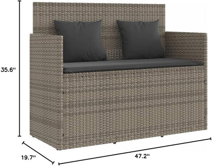 Patio Bench with Cushions Gray Poly Rattan Deck Bench Garden Bench Outdoor Bench Porch Bench for patios, Gardens, Decks