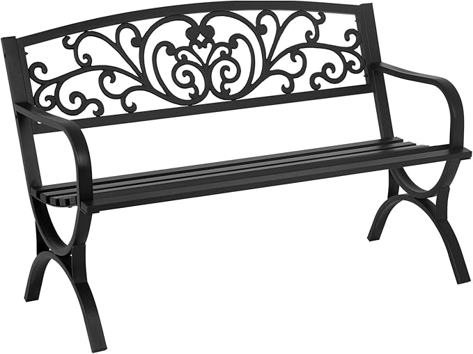 Outdoor Metal Garden Bench Patio Benches with Mesh Pattern Backrest Armrests for Patio Park Lawn Yard,Black