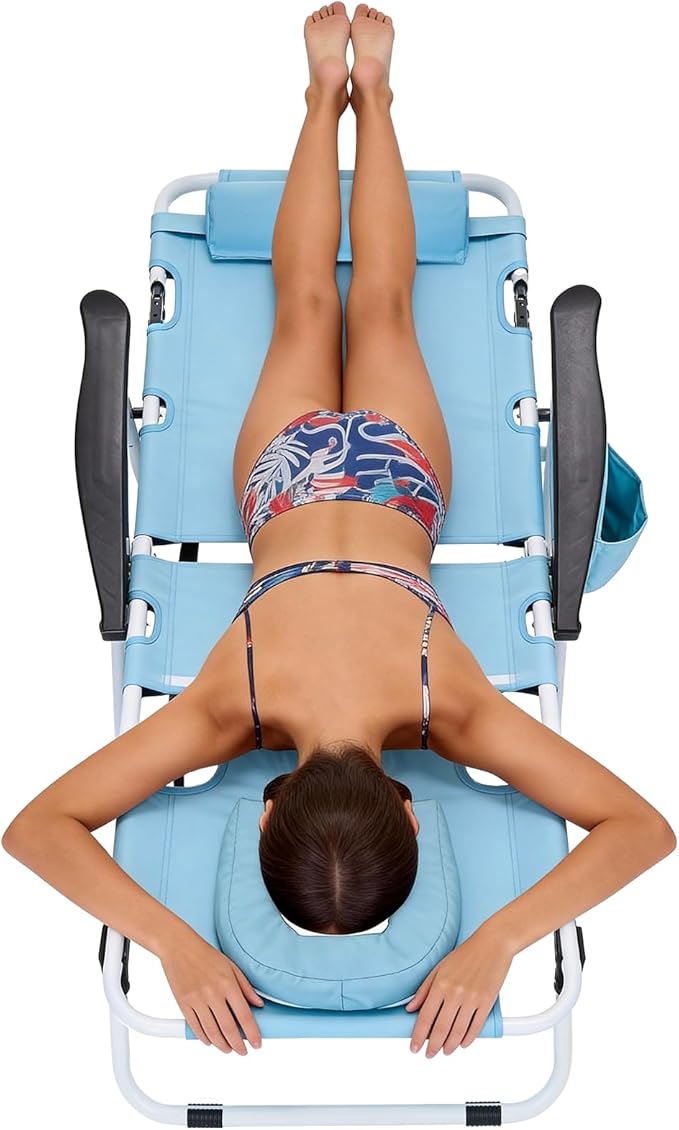 MOPHOTO Oversized Beach Lounge Chair, 5-Position Adjustable Tanning Chair with Face Hole, Heavy Duty Folding Chaise Lounge for Beach, Pool, Patio & Sunbathing