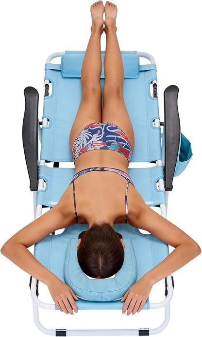 MOPHOTO Oversized Beach Lounge Chair, 5-Position Adjustable Tanning Chair with Face Hole, Heavy Duty Folding Chaise Lounge for Beach, Pool, Patio & Sunbathing