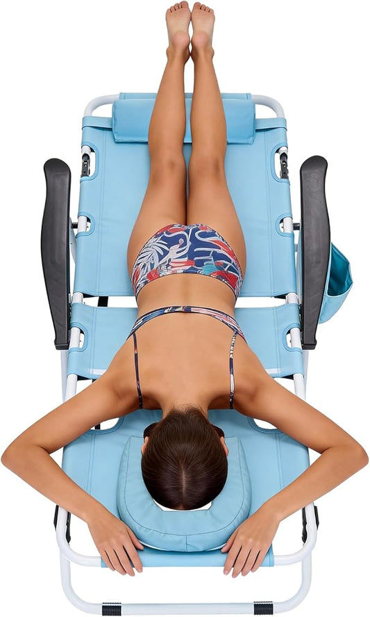 MOPHOTO Oversized Beach Lounge Chair, 5-Position Adjustable Tanning Chair with Face Hole, Heavy Duty Folding Chaise Lounge for Beach, Pool, Patio & Sunbathing