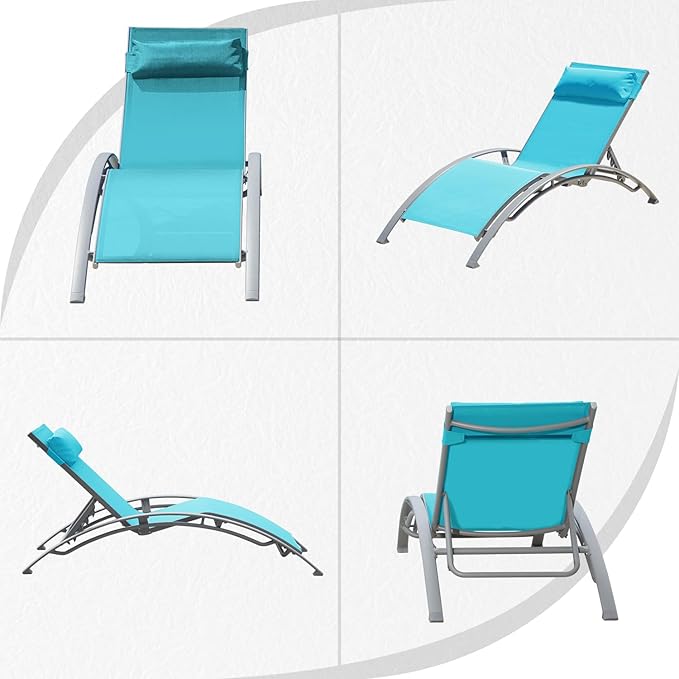 Domi Pool Lounge Chairs Set of 2, Adjustable Aluminum Outdoor Chaise Lounge Chairs, All Weather for Deck Lawn Poolside Backyard -Lake Blue Textilene