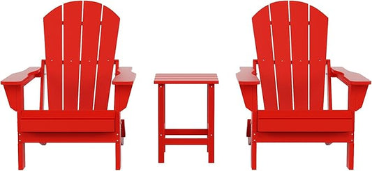 Costaelm 3 piece Patio Set, Outdoor Modern Adirondack Table and Chairs, All Weather Balcony Furniture Set Lounge Firepit Chairs for Outside Deck Garden Lawn Pool, Red