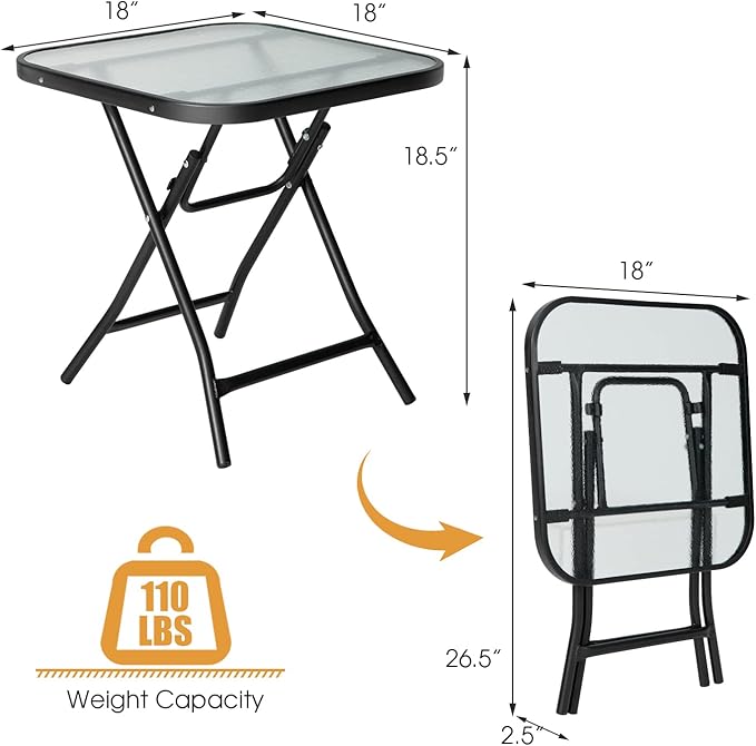 Giantex Folding Side Table, Square Small Patio Table, Tempered Glass Tabletop, Steel Frame - Photo 3