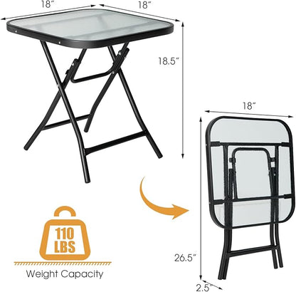 Giantex Folding Side Table, Square Small Patio Table, Tempered Glass Tabletop, Steel Frame, Weather-Resistant Outdoor Indoor Use for Bistro Porch Garden Balcony 18"x18"x18.5"