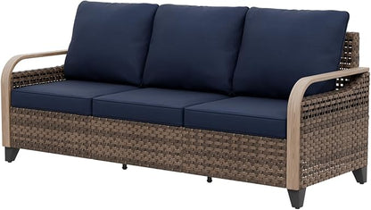 EAGLE PEAK Wicker Outdoor Patio Sofa Modern Rattan Patio Furniture Loveseat for Backyard Deck Porch Balcony, 3 Seat Couch, Brown/Blue