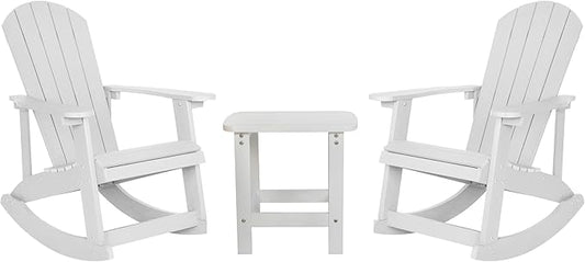 Flash Furniture Set of 2 Savannah Adirondack Rocking Chairs - Commercial Grade All-Weather White Poly Resin Wood - Matching Side Table
