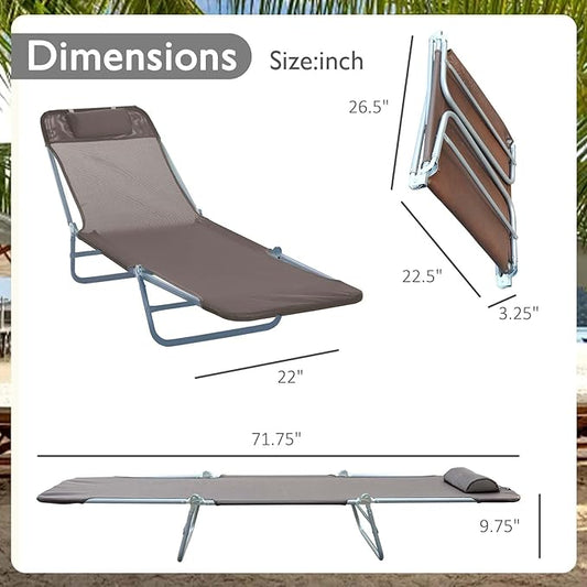Folding Chaise Lounge Chair, Pool Sun Tanning Chair, Outdoor Lounge Chair with 5-Position Reclining Back, Breathable Mesh Seat, Headrest for Beach, Yard, Patio(Brown)