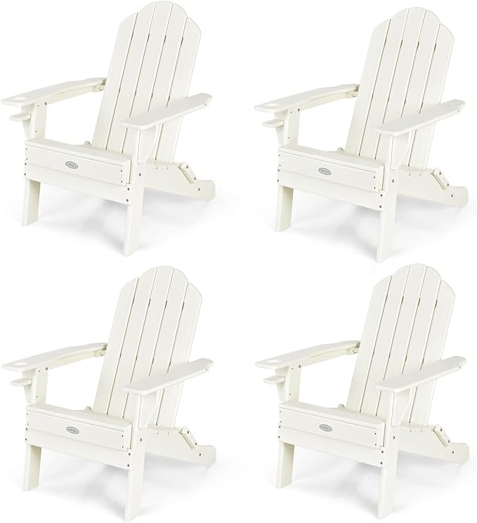 Tangkula Outdoor Folding Adirondack Chair, HDPE Armchairs with Cup Holder, Weather Resistant Lounger Chair for Patio Garden Fire Pit Backyard, Lawn Porch Seating, Adirondack Lounger (4, White)