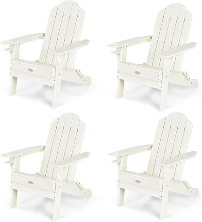 Tangkula Outdoor Folding Adirondack Chair, HDPE Armchairs with Cup Holder, Weather Resistant Lounger Chair for Patio Garden Fire Pit Backyard, Lawn Porch Seating, Adirondack Lounger (4, White)