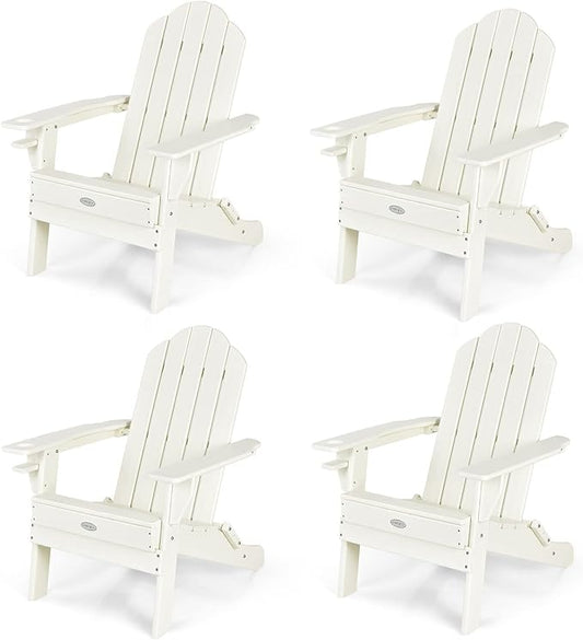 Tangkula Outdoor Folding Adirondack Chair, HDPE Armchairs with Cup Holder, Weather Resistant Lounger Chair for Patio Garden Fire Pit Backyard, Lawn Porch Seating, Adirondack Lounger (4, White)