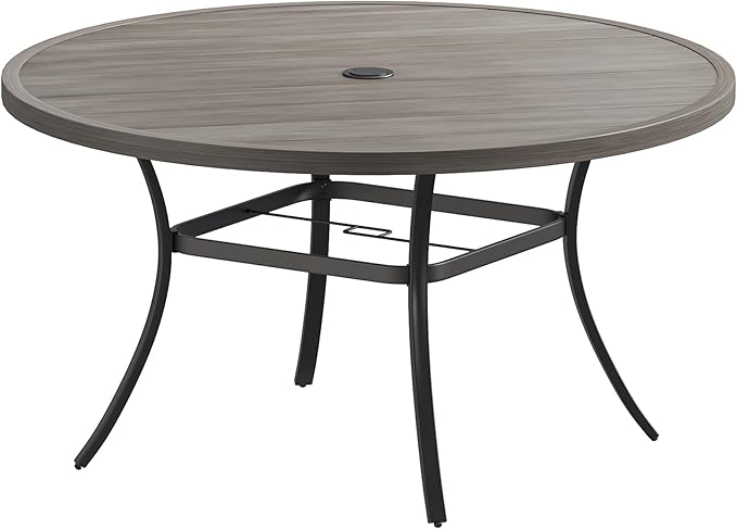 Patio Dining Table for 6-8, Round Metal Outdoor Table with 1.57" Umbrella Hole, 53" Outdoor Slat Tabletop Dining Table for Backyard, Porch, Lawn, Grey