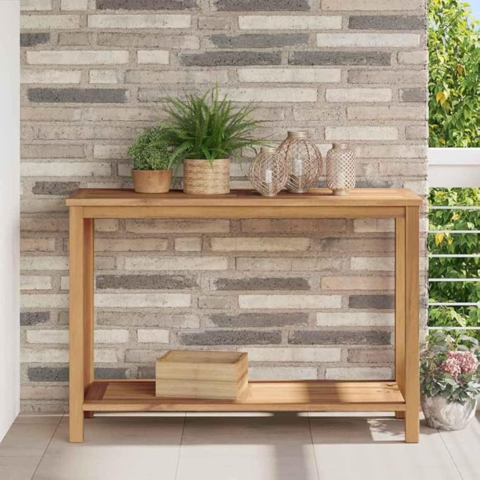 Solid Teak Wood Console Table 43.31 x 15.75 x 17.72 in Brown with Storage - Photo 1