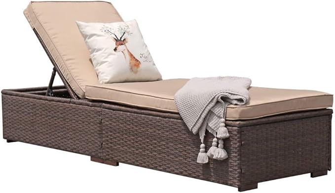 Patiorama Outdoor Patio Chaise Lounge Chair, Elegant Reclining Adjustable Pool Rattan Chaise Lounge Chair with Beige Cushion, Brown PE Wicker, Steel Frame
