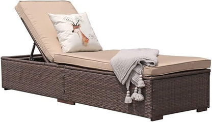 Patiorama Outdoor Patio Chaise Lounge Chair, Elegant Reclining Adjustable Pool Rattan Chaise Lounge Chair with Beige Cushion, Brown PE Wicker, Steel Frame