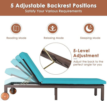 HAPPYGRILL Patio Chaise Lounge Recliner Chair Outdoor Rattan Wicker Lounger Adjustable Position Folding Lounge Chair with Cushion & Wheels for Garden Patio Poolside