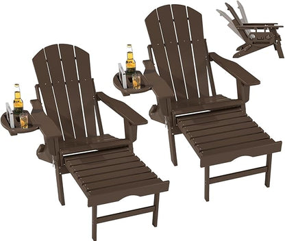 FOOWIN Folding Adjustable Adirondack Chair with Retractable Ottoman Set of 2, HDPE Adirondack Chair w/4 in 1 Cup Holder Trays,All-Weather Resistant Fire Pit Chair for Outdoor Patio Lawn, Coffee