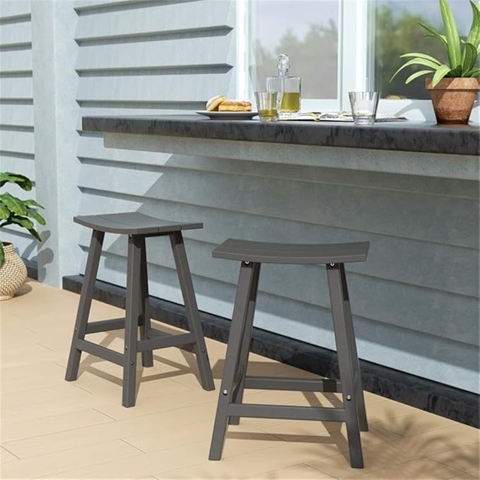 Costaelm All-Weather Bar Stools Set of 2, 24" Height Outdoor Bar Stools, Adirondack Poly Patio Bar Stool for Patio, Deck, Kitchen Counter and Garden, Gray