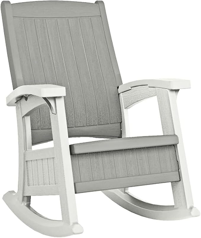 Suncast Outdoor Patio Rocking Chair with Under-Seat Storage, Stylish Faux Wood Outdoor Rocker for Patios, Dove Gray and Ice Cube, Made in The USA