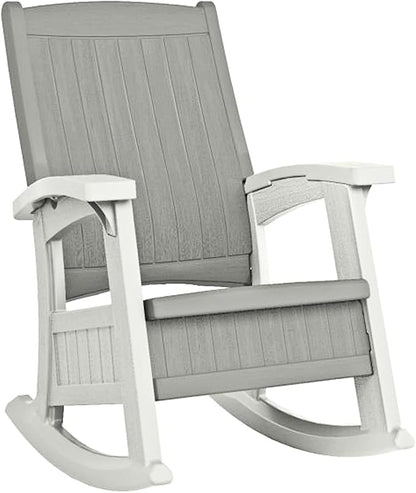 Suncast Outdoor Patio Rocking Chair with Under-Seat Storage, Stylish Faux Wood Outdoor Rocker for Patios, Dove Gray and Ice Cube, Made in The USA