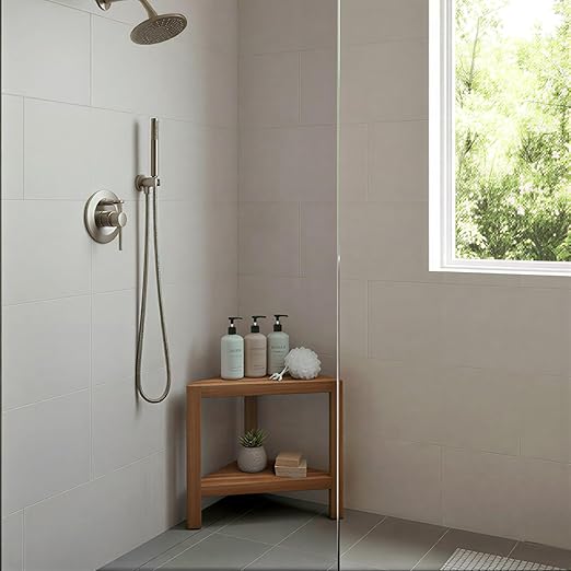 Asta Aris Solid Teak Indoor Outdoor Shower/Bath/Spa Corner Stool with Shelf, Fully Assembled, TB-011A