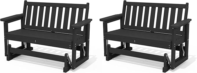 SERWALL Outdoor Glider Bench Set of 2, HDPE Weather-Resistant Swinging Bench for Backyard Garden Porch, Black - Photo 1