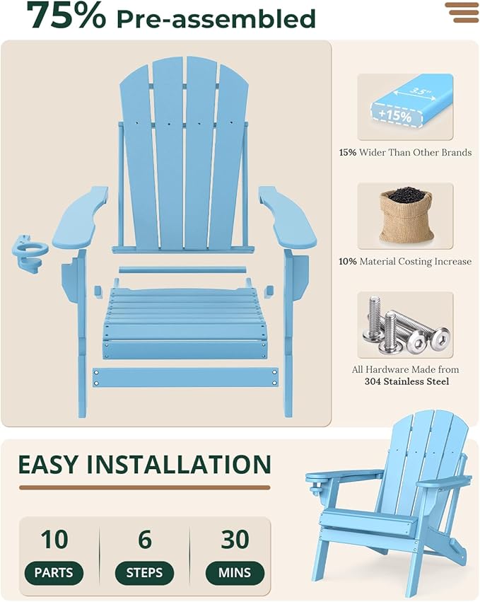 BRIOPAWS Folding-Adirondack-Chairs Set of 2 | HDPE | Fire Pit Chair | Cup Holder | Weather Resistance | Arctic | for Outdoor Backyard Deck Patio