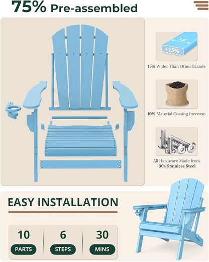 BRIOPAWS Folding-Adirondack-Chairs Set of 2 | HDPE | Fire Pit Chair | Cup Holder | Weather Resistance | Arctic | for Outdoor Backyard Deck Patio